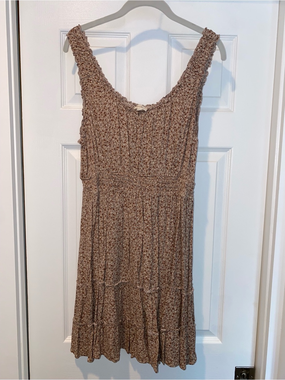 Hem & Thread Neutral Speckled Taupe Smocked Neck Mini Dress